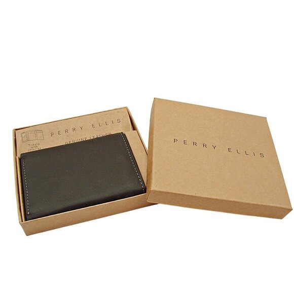 NEW Perry Ellis Brown Leather Billfold Wallet Interior Security Zipper Trifold